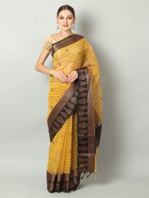 

EthnicRoom Yellow & Black Organza Checked Handloom Banarasi Saree