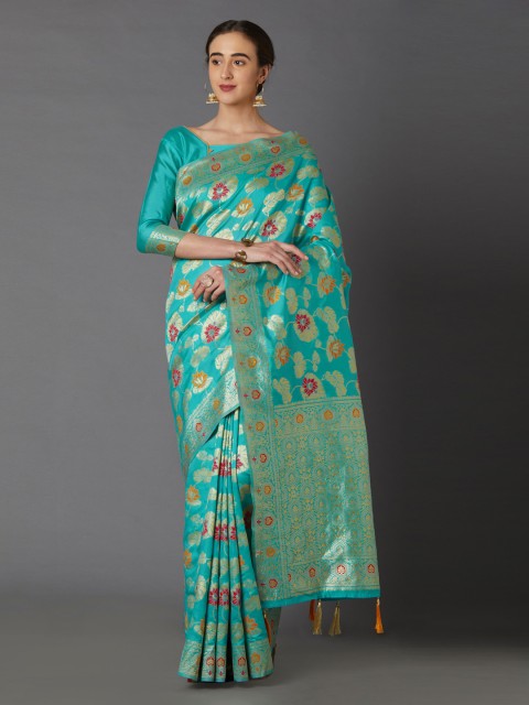 

Mitera Turquoise Blue & Gold-Coloured Silk Blend Woven Design Kanjeevaram Saree