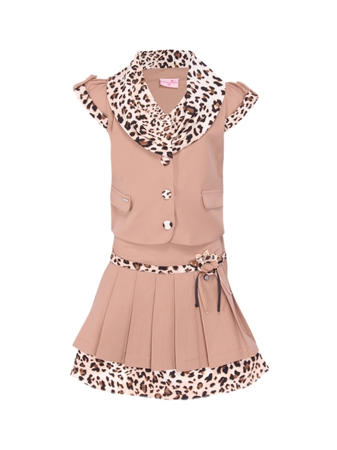 

CUTECUMBER Girls Brown & Beige Printed Top with Skirt