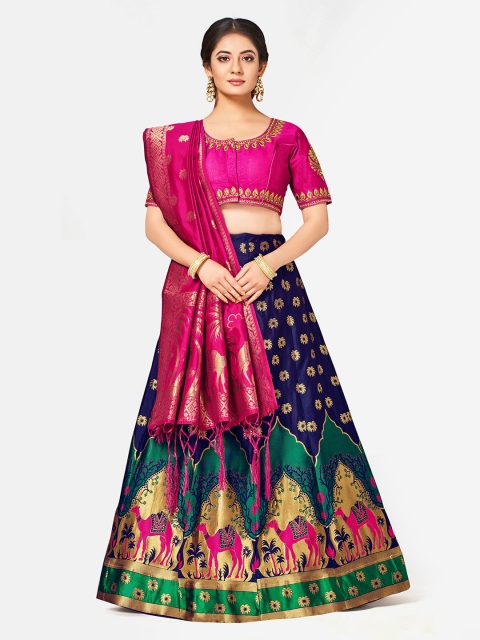 

MIMOSA Navy Blue & Pink Embroidered Semi-Stitched Lehenga & Blouse with Dupatta
