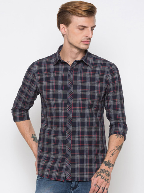 

Globus Men Navy Blue & Grey Regular Fit Checked Casual Shirt