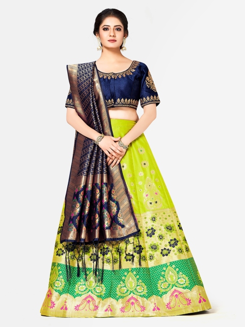 

MIMOSA Navy Blue & Green Woven Design Semi-Stitched Bridal Lehenga & Blouse with Dupatta