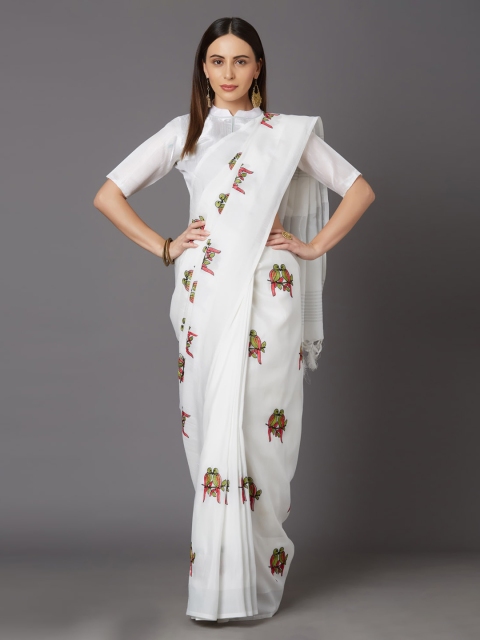 

Mitera White & Green Linen Blend Embroidered Chanderi Saree