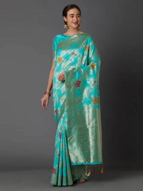 

Mitera Turquoise Blue & Gold-Coloured Silk Blend Woven Design Kanjeevaram Saree