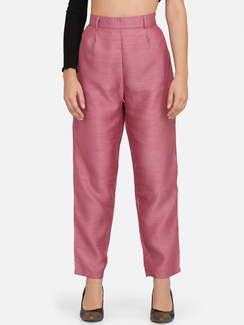 

Ojjasvi Women Pink Straight Fit Self Design Cigarette Trousers