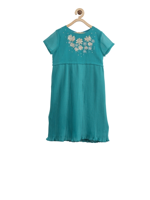 

Miyo Girls Teal Green Embroidered A-Line Dress