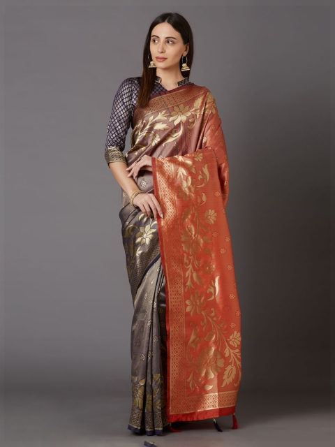

Mitera Orange & Blue Silk Blend Woven Design Kanjeevaram Saree
