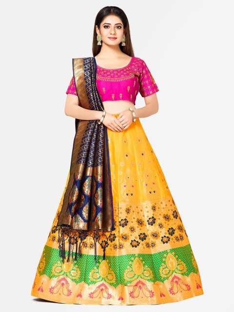 

MIMOSA Yellow & Navy Blue Embroidered Semi-Stitched Lehenga & Blouse with Dupatta