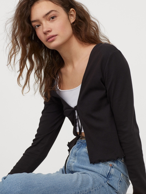 

H&M Women Black Solid Cotton Tie-Front Top