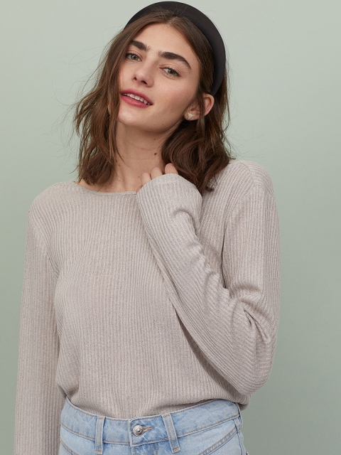 

H&M Women Grey & Beige Solid Rib-Knit Top