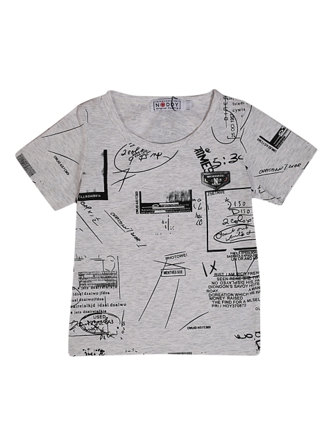

Noddy Boys Grey Melange & Black Printed Round Neck T-shirt