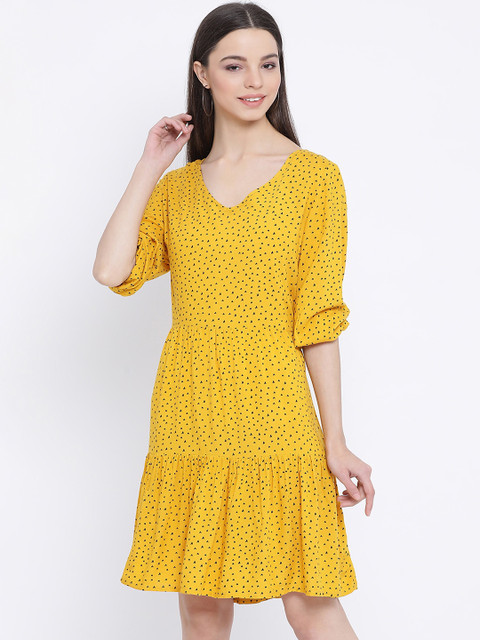 

Oxolloxo Women Yellow Printed Fit and Flare Dress