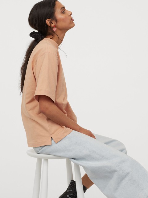 

H&M Women Beige Solid Short-Sleeved Sweatshirt