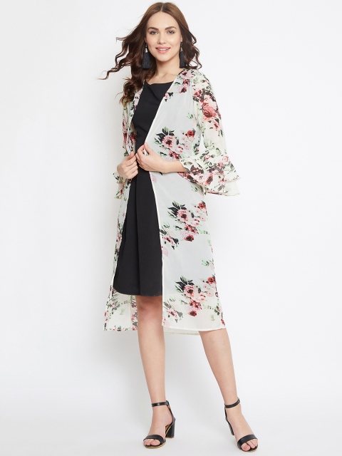 

PURYS Women Off-White & Green Printed Open Front Shrug