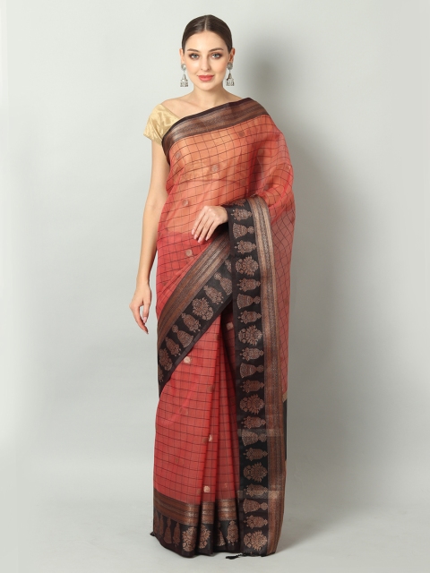 

EthnicRoom Pink & Black Organza Checked Handloom Banarasi Saree
