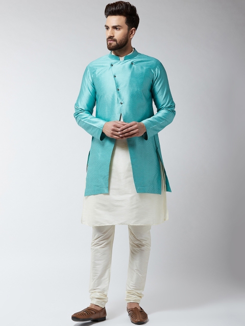 

SOJANYA Men Off White & Blue Self-Design Sherwani Set