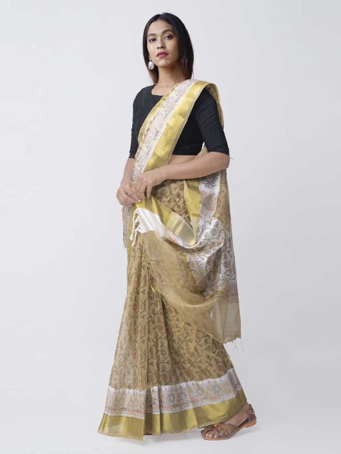 

Unnati Silks Cream-Coloured & Off-White Silk Cotton Printed Banarasi Handloom Saree