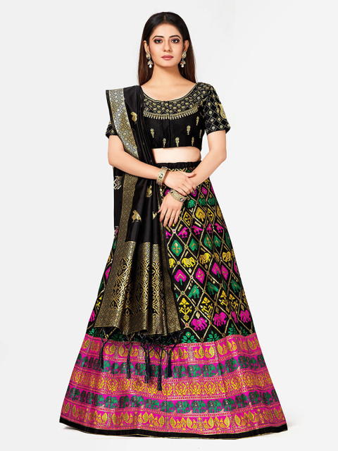 

MIMOSA Black & Pink Embroidered Semi-Stitched Lehenga & Blouse with Dupatta