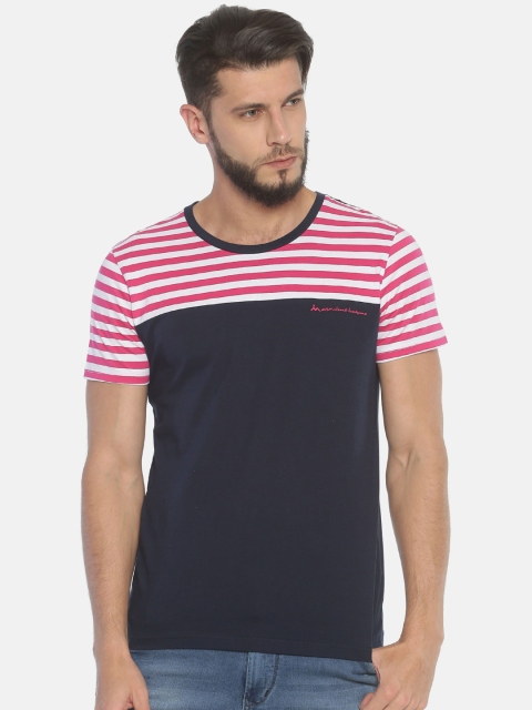 

Masculino Latino Men Navy Blue & Pink Striped Round Neck T-shirt