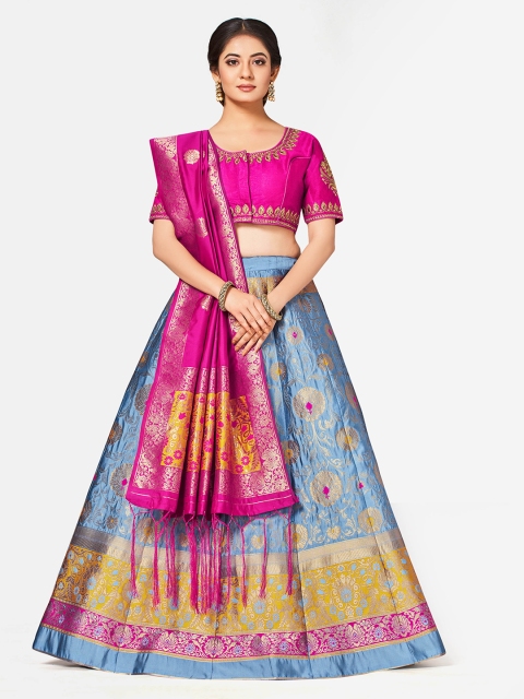 

MIMOSA Blue & Pink Embroidered Semi-Stitched Lehenga & Blouse with Dupatta