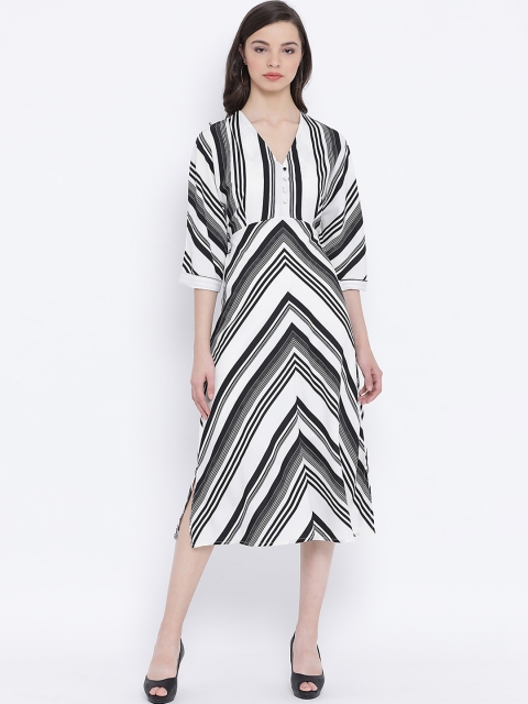 

Oxolloxo Women White & Black Striped Fit and Flare Dress