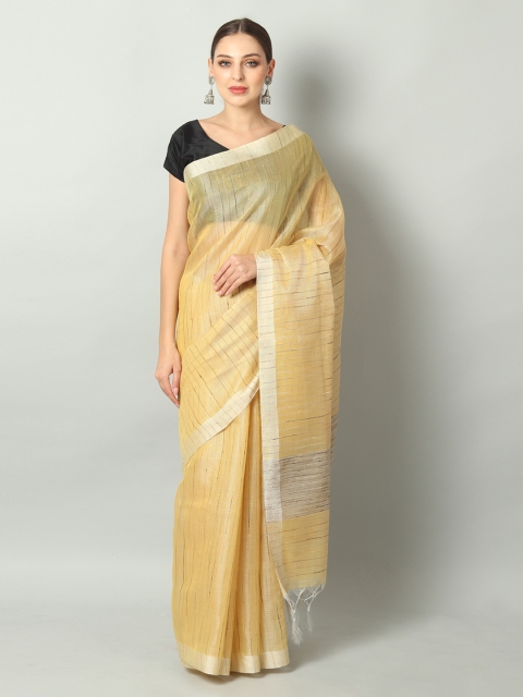 

EthnicRoom Yellow Linen Blend Striped Handloom Banarasi Saree