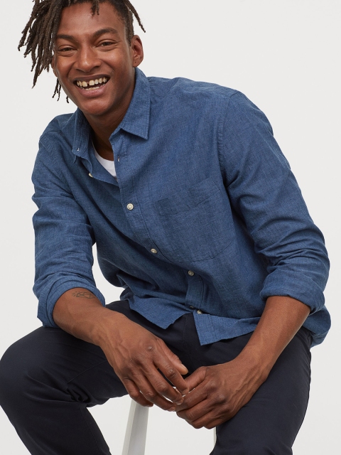 

H&M Blue Linen-Blend Shirt Regular Fit
