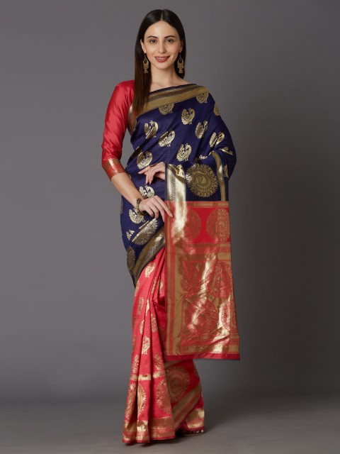 

Mitera Navy Blue & Red Silk Blend Woven Design Kanjeevaram Saree