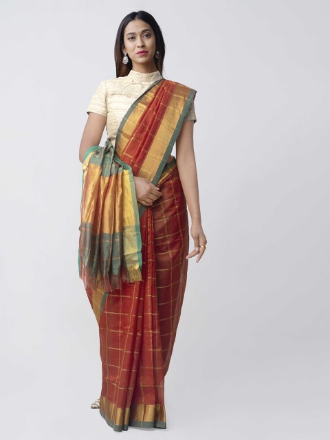 

Unnati Silks Red & Green Silk Cotton Woven Design Uppada Handloom Saree