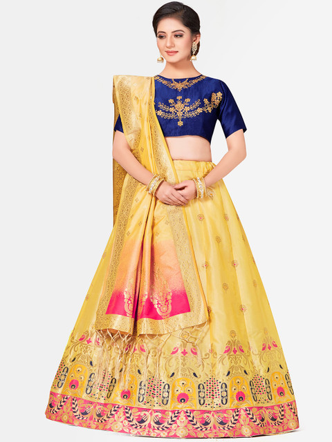 

MIMOSA Yellow & Blue Embroidered Semi-Stitched Lehenga & Blouse with Dupatta