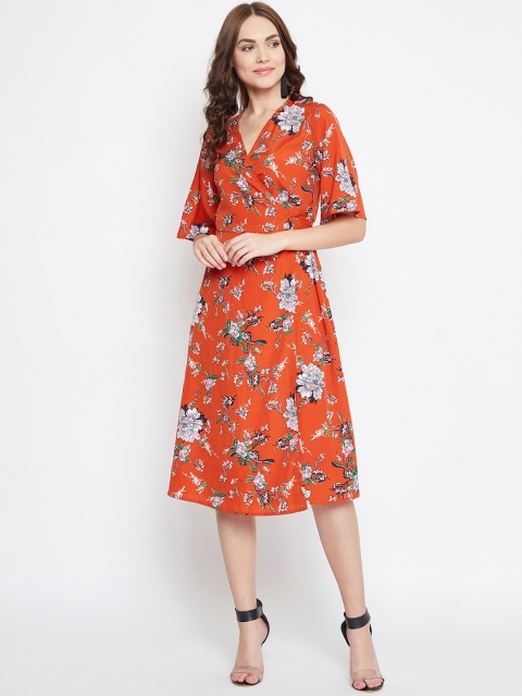 

PURYS Women Orange Printed Wrap Dress
