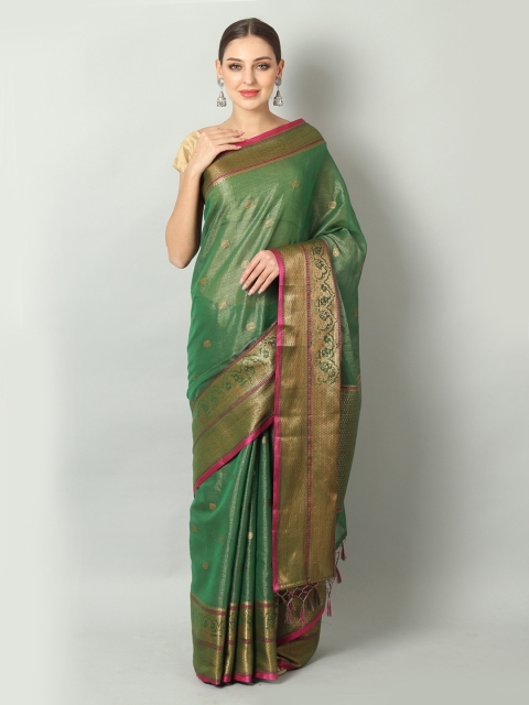 EthnicRoom Green & Golden Handloom Woven Design Banarasi Saree