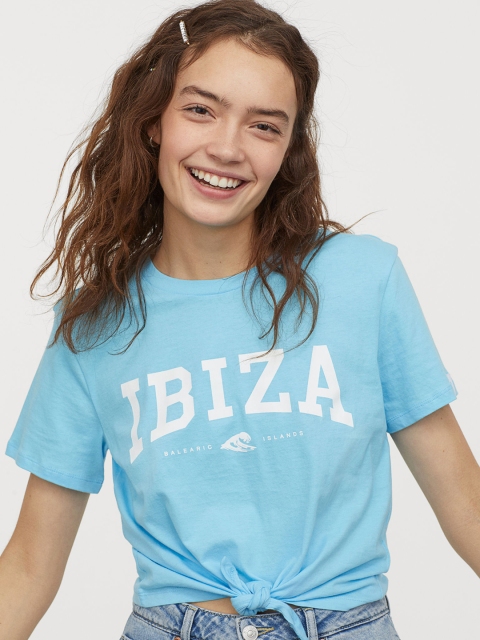 

H&M Women Blue & White Tie-Hem T-shirt