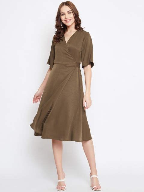 

PURYS Women Olive Brown Solid Wrap Dress