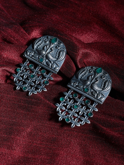 

ZeroKaata Silver-Toned & Green Oxidised Contemporary Drop Earrings