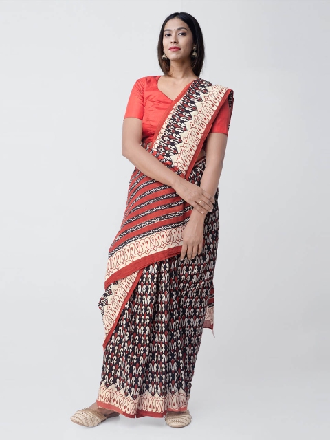

Unnati Silks Black & Red Pure Cotton Printed Bagru Saree