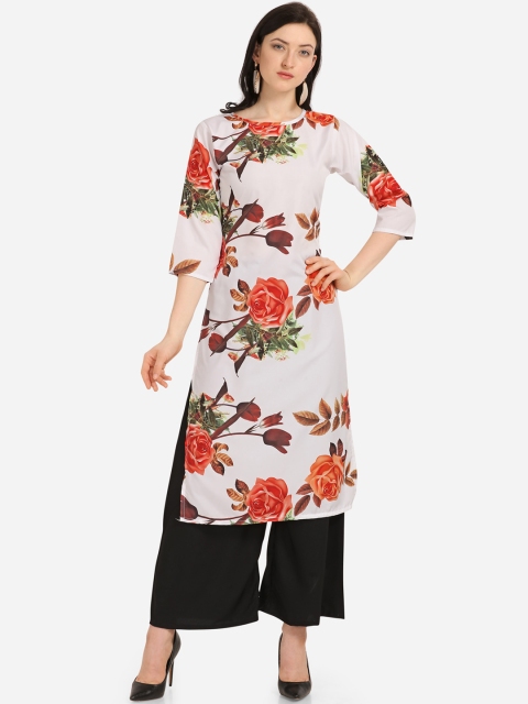 

Silk Bazar Women White & Orange Printed Straight Kurta