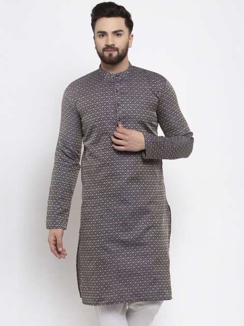 

Jompers Men Navy Blue & White Woven Design Straight Kurta
