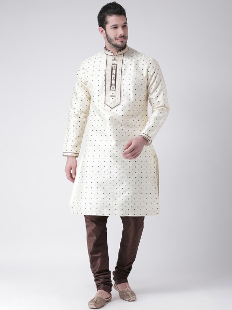 

SG LEMAN Men Off-White & Brown Self Design Kurta with Churidar