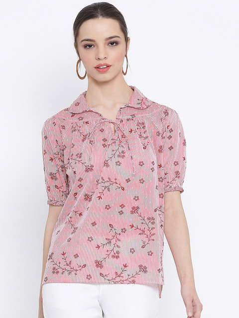 

Oxolloxo Women White & Pink Printed Pure Cotton Top
