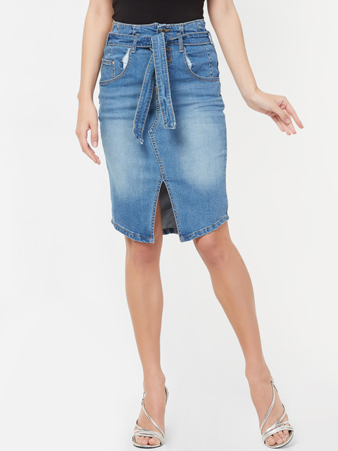 

bebe Women Blue Washed Pencil Buttoned Denim Skirt