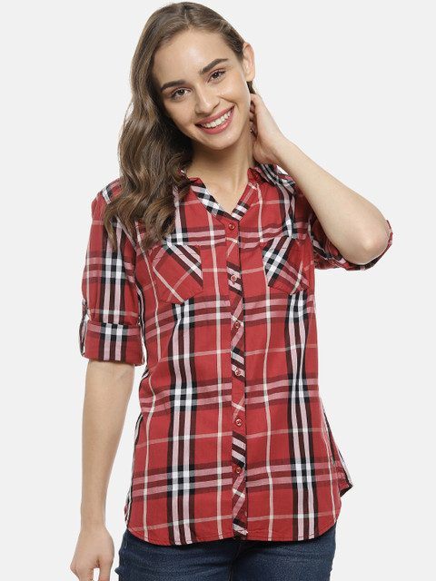 

Campus Sutra Women Red & White Regular Fit Checked Casual Shirt