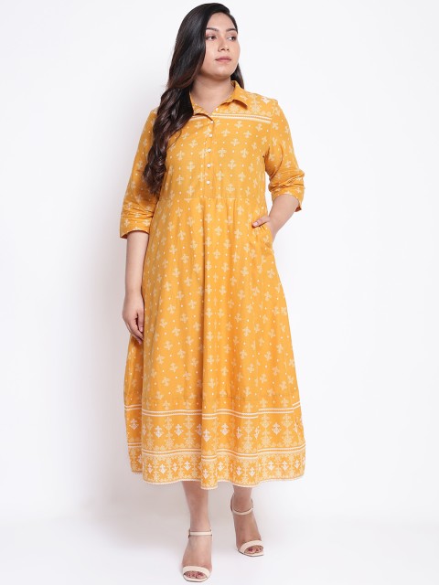 

Amydus Women Plus Size Mustard Yellow & Off-White Printed Ethnic Shirt Dress