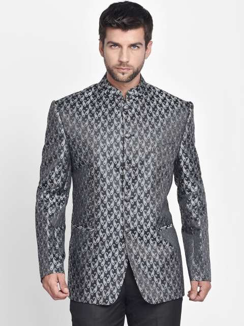

Blacksmith Men Charcoal Grey & White Self-Design Jacquard Bandhgala Blazer