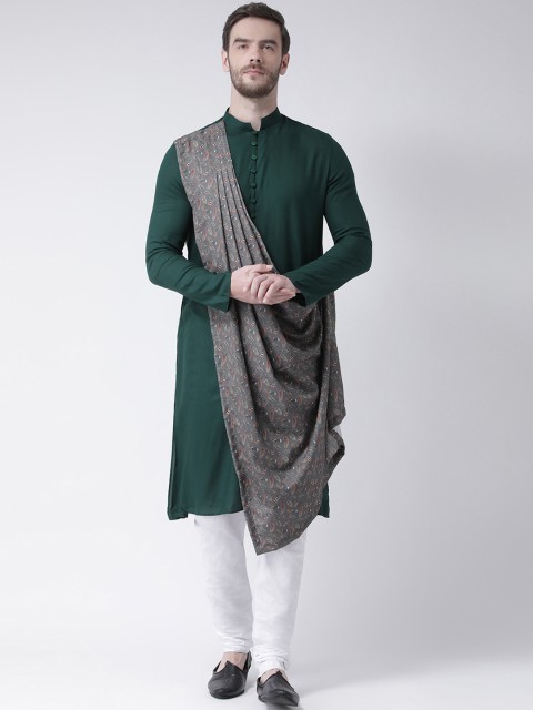

DEYANN Men Green & Grey Solid Straight Kurta With Attached Drape