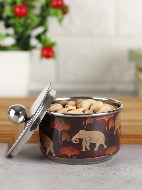 

India Circus by Krsnaa Mehta Silver-Toned & Coffee Brown Printed Gallant Tusker Steel Bowl with Lid