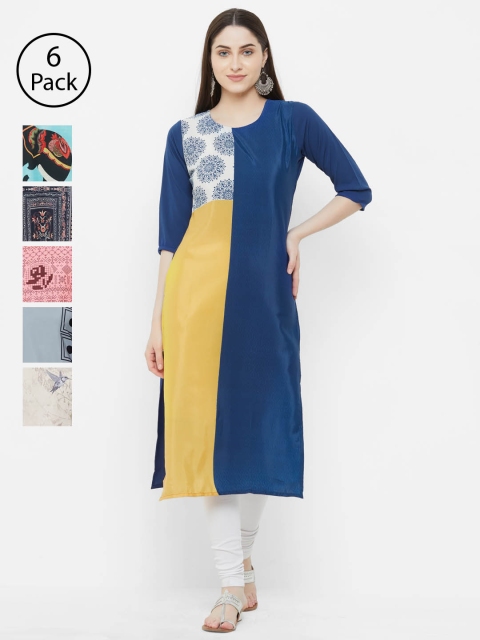 

7Threads Women Pack of 6 Colourblocked Straight Kurtas, Blue