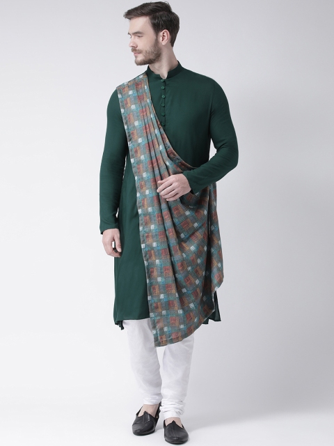 

DEYANN Men Green & White Printed Kurta with Churidar & Attached Dupatta