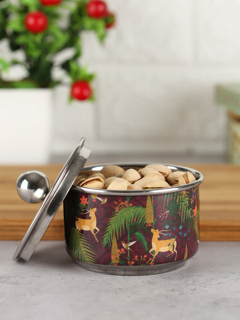 

India Circus by Krsnaa Mehta Silver-Toned & Red Forest Fetish Printed Bowl with Lid