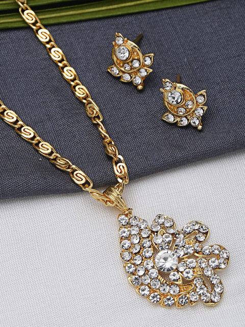 

ZeroKaata Gold-Plated & White Stone-Studded Floral Handcrafted Jewellery Set